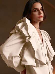 Anewsta Áo cánh cổ chữ V tay lỡ bèo nhún thanh lịch dành cho nữ đi nghỉ mát - Màu Khaki - Xem 5