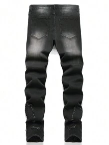 Manfinity Roughcore Men's Casual Washed Frayed Denim Jeans - Black - View 2