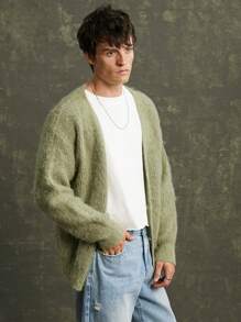 Manfinity VCAY Men Fuzzy Knit Cardigan Sweater - Army Green - View 6