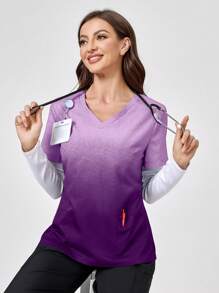 TaskEZ 渐变短袖双口袋制服磨砂上衣 - 紫色 - 查看 1