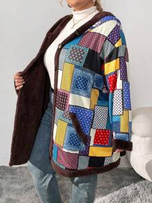 SHEIN CURVE+ Plus Size Christmas Hooded Fleece Jacket, Autumn/Winter - Multicolor - View 3