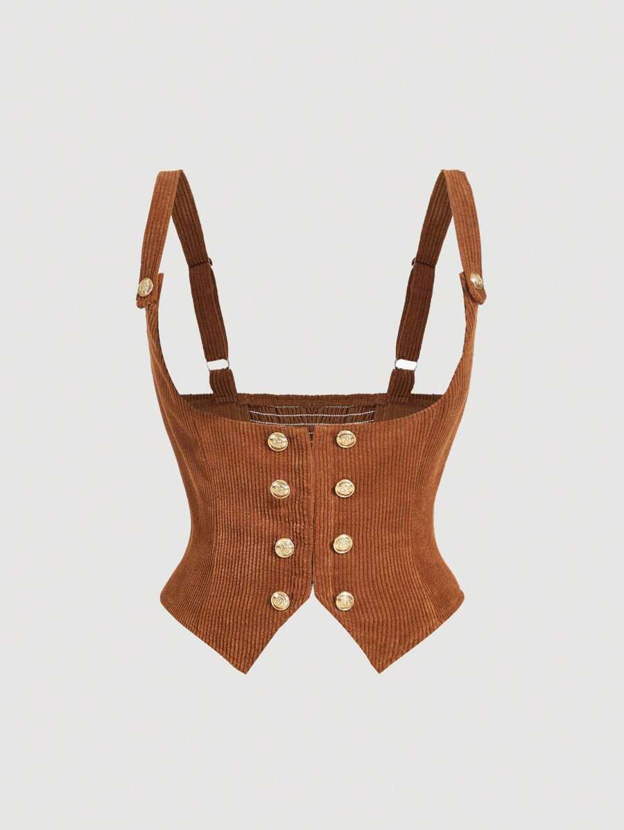 SHEIN MOD Plus Size Vintage Corduroy Suspender Double Breasted Bralet For Women