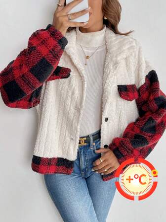SHEIN Privé Women's Red And White Plaid Fluffy Lapel Flannel Coat