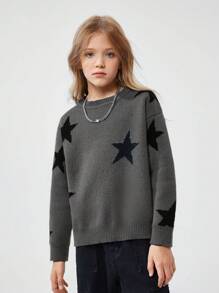 SHEIN Tween Girls Casual Star Print Oversized Drop Shoulder Pullover Sweater - Multicolor - View 4