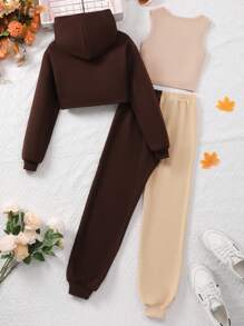 SHEIN 3pcs/Set Girls' Letter Print Long Sleeve Top & Sleeveless Vest Sports Casual Set For Autumn/Winter - Khaki - View 2