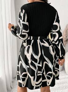 SHEIN Frenchy Vestido de manga larga con cuello redondo, talla grande, de pana con estampado geométrico y parches