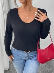 SHEIN Frenchy Casual Minimalist Loose V-Neck Black T-Shirt With Lace Patchwork, Autumn/Winter - Black - View 4