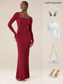 GLOWMODE Modal Long-Sleeve Red Fishtail Maxi Dress