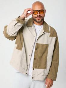 Manfinity VCAY Chaqueta casual de manga larga con empalme tejido para hombres de talla grande, para otoño e invierno - Caqui - Ver 1