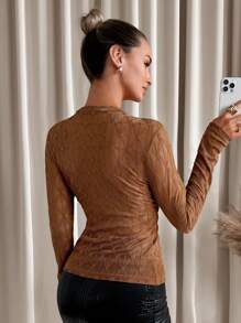 SHEIN Clasi Top de Tricô Elegante e Elegante de Pescoço Alto Marrom com Textura Xadrez, Colarinho Franzido e Ajuste de Renda