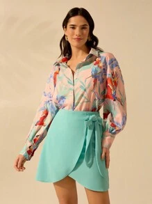 CAJUNI Women's Boho Colorful Parrot Print Loose Fit Drop Shoulder Long Sleeve Blouse, Casual Summer Beach Vacation