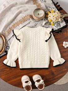 Ruffled Sweater For Baby Girls, Cute Bow Knitted Top, Soft And Comfortable, Warm Pullover For Home, Casual, Outings, Travel, And School - Beige - View 2