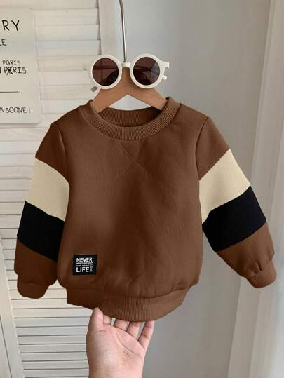 SHEIN 男宝宝休闲可爱舒适针织袖拼布圆领长袖运动衫，适合外出、上学、日常聚会、秋冬季