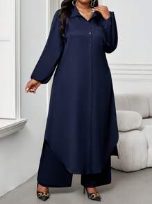 SHEIN Lady 秋冬休闲优雅工作海军蓝梭织衬衫领主教袖口袋长袖加大码套装 - 藏蓝色 - 查看 3