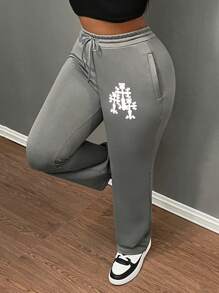 Slaydiva Pantalones de chándal informales con estampado de cruz y cordón en la cintura, para otoño