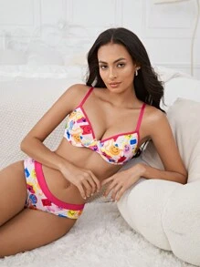 Mr Men Little Miss X SHEIN Women All-Over Print Ringer Underwire Bra And Brief Set - Pink - View 1