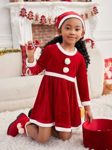 SHEIN 2 bộ đồ ngủ màu đỏ cho bé gái cổ tròn viền tua rua màu Giáng sinh dài tay mềm mại ấm áp kiểu Hàn Quốc kèm mũ ông già Noel - Đỏ và trắng - Xem 4