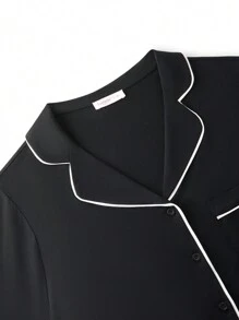 LUVLETTE Autumn And Winter Women Plus Black Soft Modal Basic Button-Up Long Pajama Set With Contrast Trim Lounge Sets For Women Fall Pajamas Clothes - Black - View 7