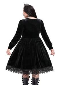 Whyspr Goth Punk Punk Gothic Plus Size V-Neck Lace Trim Puff Sleeve Velvet A-Line Party Dress, Elegant Goth Women Outfit - Black - View 3