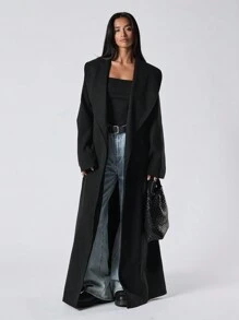 LYSMO Long Solid Color Belted Pocket Elegant Loose Comfy Long Sleeve Jacket In Fall/Winter - Black - View 1