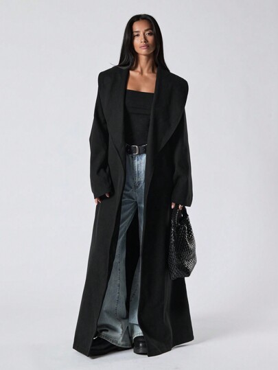 LYSMO Long Solid Color Belted Pocket Elegant Loose Comfy Long Sleeve Jacket In Fall/Winter