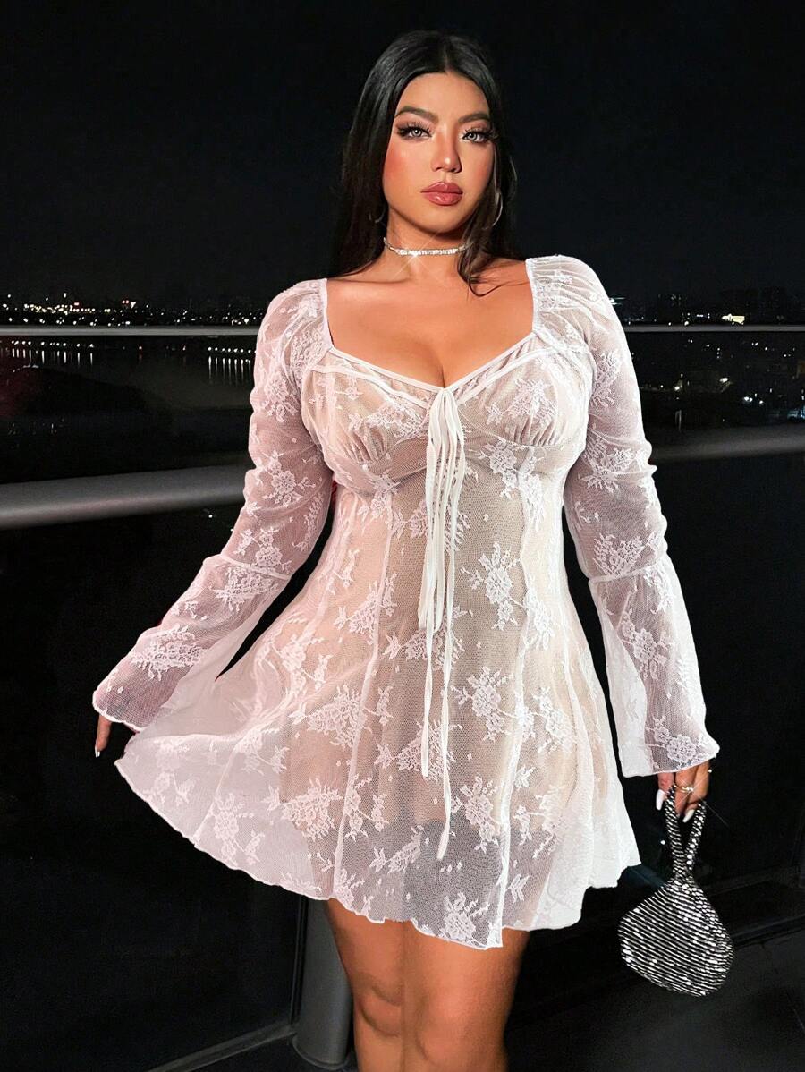Allurite Vestido largo de manga larga con lazo y encaje floral de talla grande