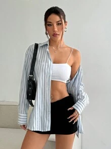 SHEIN Unity 女士休闲落肩长袖宽松浅蓝色条纹衬衫，秋季 - 淺藍色 - 查看 6