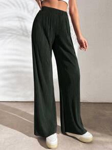 EURMUSE Women Solid Color Simple Daily Woven Ribbed Pants - Army Green - View 3