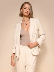 SHEIN Unity 纯色褶皱长袖灯芯绒无扣休闲长款大衣 - 杏色 - 查看 1