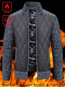 Manfinity Homme 男士纯色拉链休闲日常绗缝开衫，冬季黑色绗缝保暖内衬开衫，男士拼接开衫，秋季长袖上衣 - 深灰色 - 查看 4