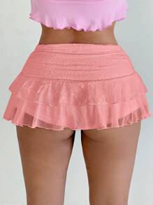 Sweetina Women's Summer Super Low Waist Double Layer Lace Mesh Drawstring Side Mini Skirt - Pink - View 4