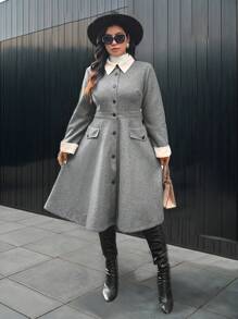 SHEIN Unity Plus Size Women's Color Block Stand Collar Long Sleeve Single-Breasted Elegant Jacket, Spring & Fall - Grey - View 6