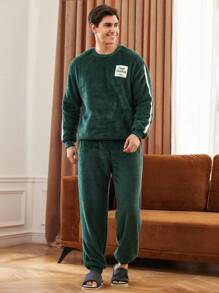Men's Round Neck Patch Side Stripe Print Long Sleeve Top And Pants Loungewear Set - Dark Green - View 3