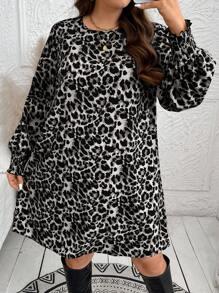 SHEIN LUNE Plus Size Leopard Print Lantern Sleeve Round Neck Halloween Dress - Grey - View 7