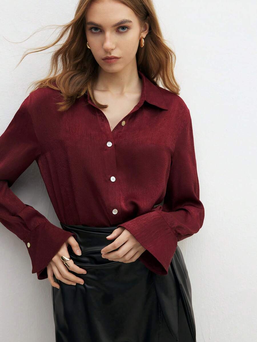 BizChic Blusa de trabajo elegante tipo commuter de color rojo Angola, camisas holgadas, blusas básicas para mujeres - Rojo - Ver 1