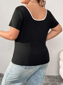 SHEIN CURVE+ Plus Size Solid Square Neck Short Sleeve Tie Bow Summer Tee