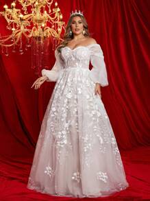 Glamrae Plus Size Elegant Sheer Shoulder Floral Embroidered Dramatic Hem Romantic Wedding Dress, White Long Sleeve Bridal Dress, Bride - White - View 7