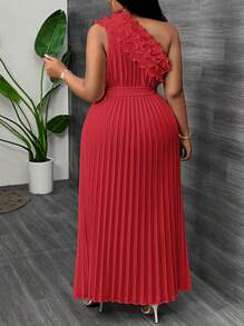 Slaydiva Plus Size Elegant Luxurious Asymmetric Ruffle Waist Gathered Dress, Apricot Color, Summer - Red - View 2