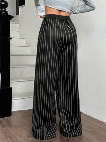 SHEIN EZwear Women Autumn/Winter College Style Striped Ribbed Waist Relaxed Wide Leg Sweatpants - Black and White - View 2