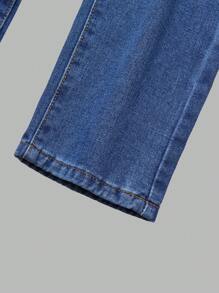 SHEIN Explorewe Tween Girls' Casual Side Button Pockets Denim Jumpsuit, Summer - Dark Wash - View 3