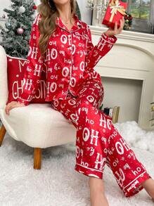 CoupledUp 圣诞节新奇英文文字雪花图案红色节日氛围仿丝绸睡衣套装，秋冬服装 - 紅色 - 查看 4