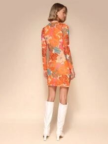 Chiquease 1 件女式优雅花卉印花褶皱修身连衣裙，秋季 - 橘色 - 查看 2