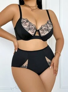 2 piezas Conjunto de lencería sensual y encantador con bordado y empalmado en talla grande