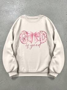 INAWLY Áo nỉ in chữ nơ cỡ lớn thường ngày cho mùa thu đông - Màu be - Xem 2