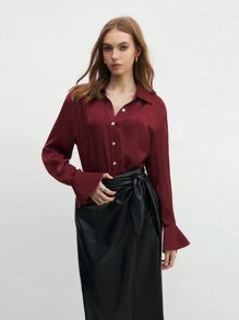 BizChic Blusa de trabajo elegante tipo commuter de color rojo Angola, camisas holgadas, blusas básicas para mujeres - Rojo - Ver 4