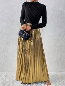 Chiquease 2pcs/Set Women's Elegant Solid Color Ruched Slim Fit Long Sleeve Top And Extra Long Metallic Ruched Skirt Suit For Autumn Fall Cloth For Women - Multicolor - View 5