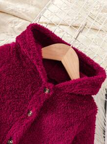 Infant Plain Front Button Long Sleeve Minimalist Hooded Padded Coat - Burgundy - View 3