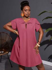 Slaydiva Plus Size Resort Casual Non-Stretch Woven Loose A-Line Green Twist Knot Dress For Women - Rusty Rose - View 6