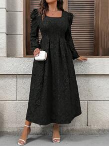 Flirla 大码女式优雅方领泡泡袖提花提花连衣裙，春秋季长款女装 - 黑色 - 查看 6