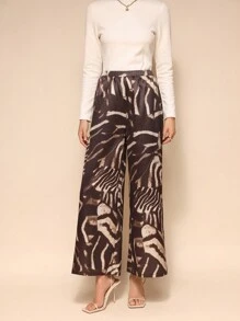 SHEIN Unity Women's Elastic Waist Loose Wide Leg Patchwork Print Long Pants Fall Cloth For Women - Multicolor - View 3